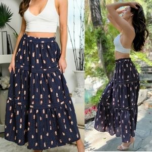 5 ⭐boho navy multi print tiered ruffle lightweight high waist maxi skirt